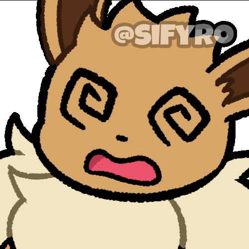 a gif of the pokemon eevee looking confused and having spiral eyes, watermarked @sifyro