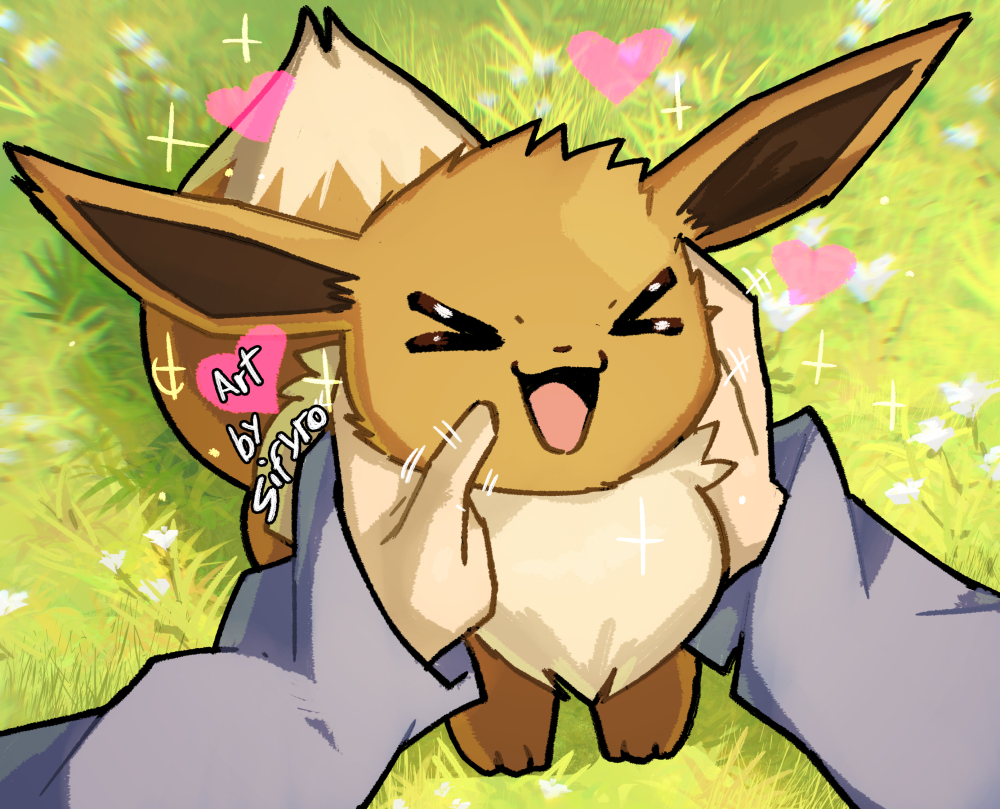 a first person image of you petting the pokemon eevee with both hands while it goes >v<, watermarked art by sifyro. it is very big becaus ei dont know how to fix it